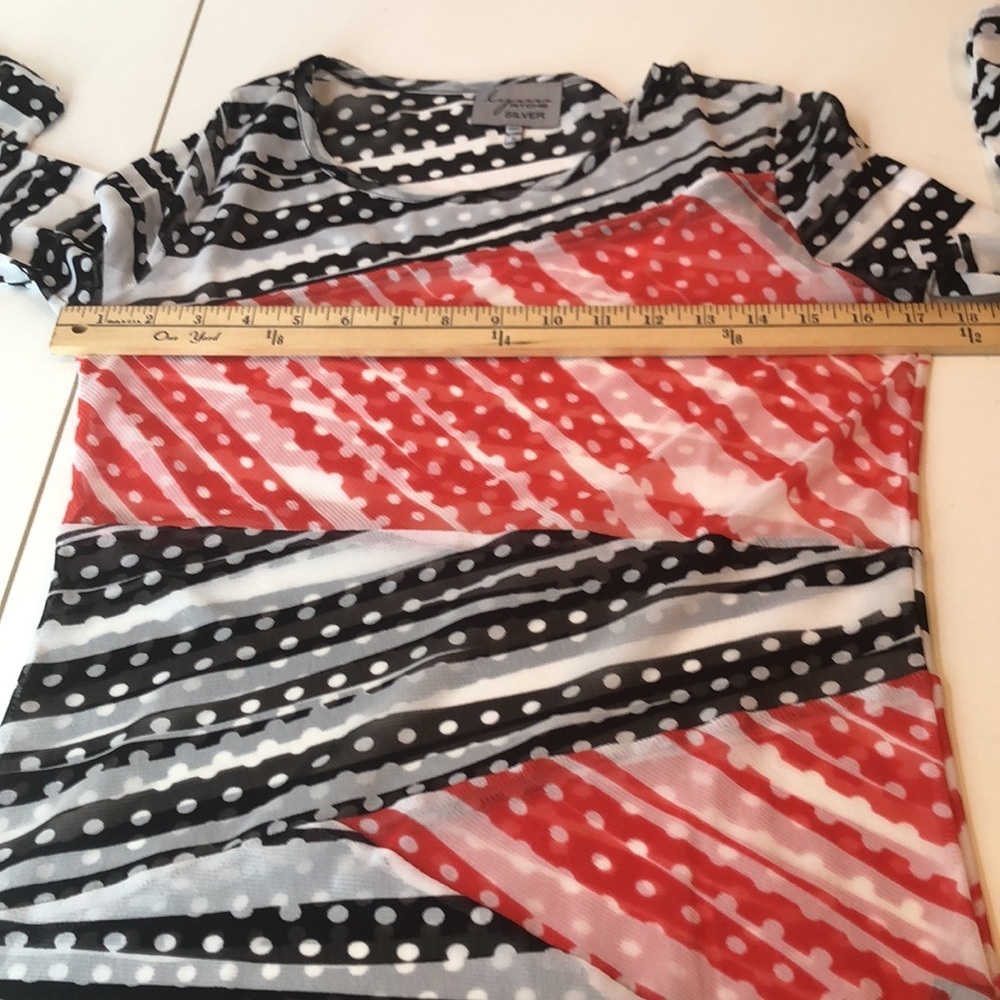 Chic Women's Black and Red Semi Sheer Striped Blouse 3/4 Sleeves Women's Small - Picture 11 of 13